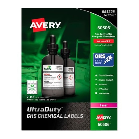 Avery Dennison Avery GHS Chemical Waterproof & UV Resistent Labels, Laser, 2in x 2in, 600/Box 60506